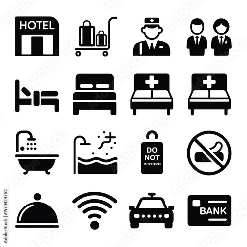 Hotel Service Icons Set in Black and White vector