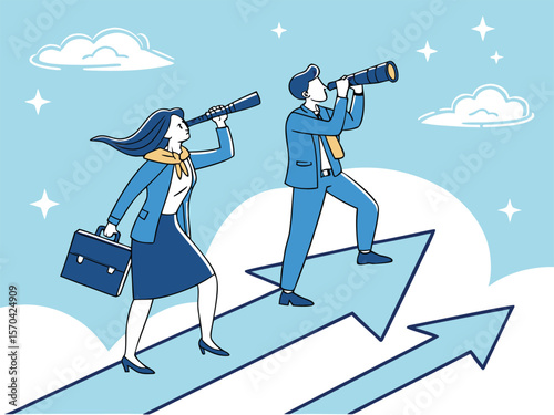 Business professionals looking through telescopes on upward arrows people future