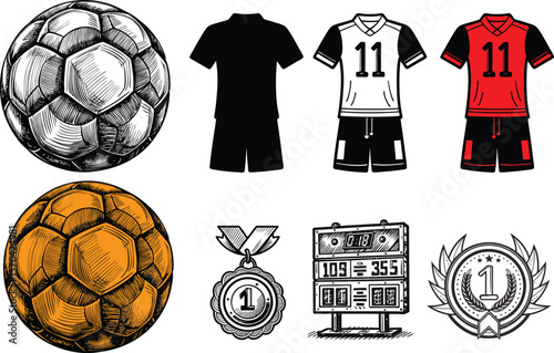 Soccer game illustration with ball, jerseys, scoreboard and awards