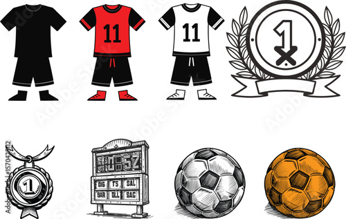 Soccer jerseys, scoreboard, medals and balls illustrate a winning game