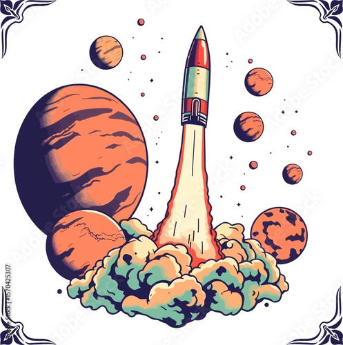 Retro style poster featuring a rocket launching in the middle of a planet vector illustration