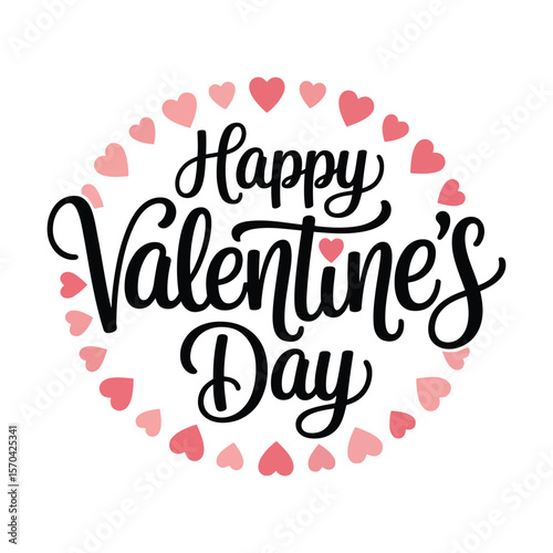 Happy Valentine's Day Calligraphy Surrounded by Pink Hearts, Romantic Design