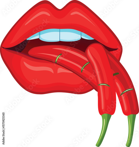 Red lips biting chili peppers mouth