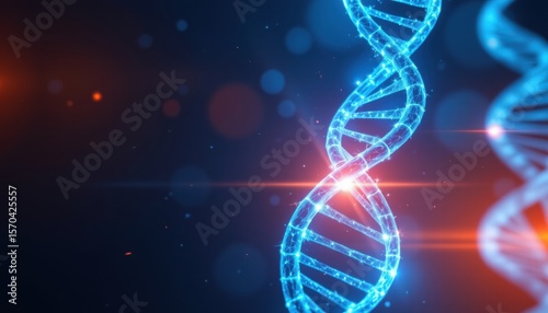 Blue glowing DNA double helix structure on dark background with sparkling light effects for scientific, medical, and educational themes in biotechnology research