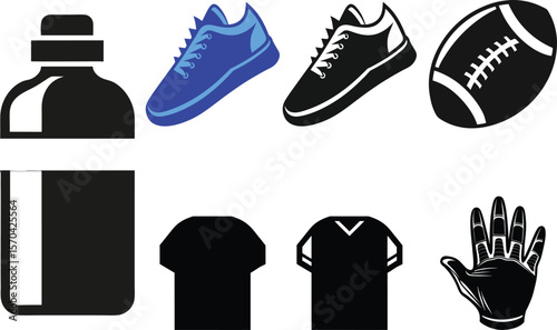 Sports equipment including shoes, water bottle, jersey and glove vector illustration
