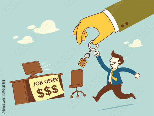Businessman receives job offer with keys and money desk