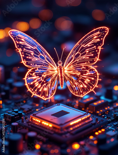 Digital butterfly with circuit wings hovering above futuristic motherboard