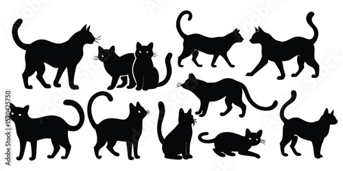 Cat Silhouette Collection Playing Set Black Vector Illustration Icon