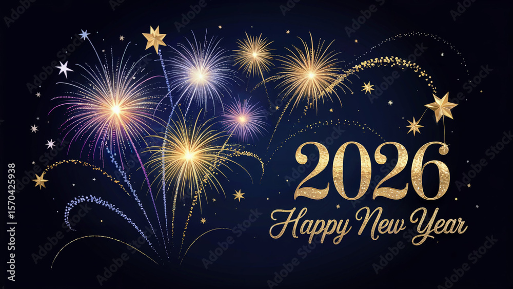 Obraz premium Golden fireworks and stars illuminate the night sky celebrating the arrival of the happy new year 2026