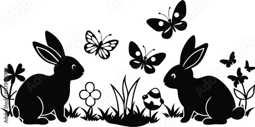 Easter Bunnies With Eggs Playing On The graden Vector