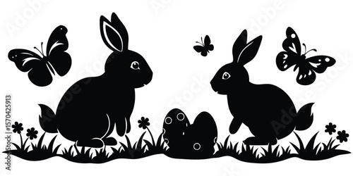 Easter Bunnies With Eggs Playing On The graden Vector