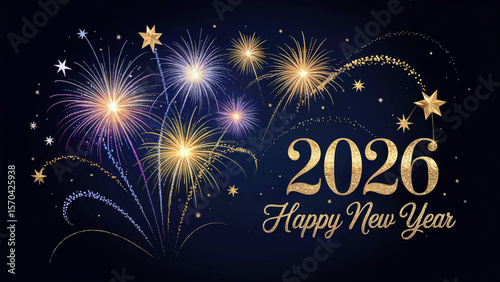 Golden fireworks and stars illuminate the night sky celebrating the arrival of the happy new year 2026