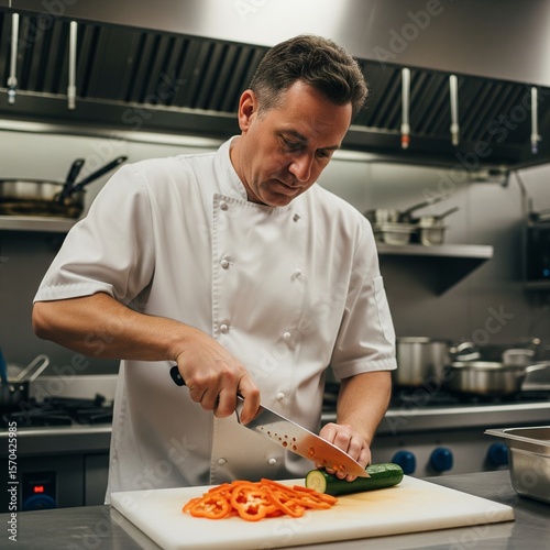 slicing fresh vegetables on a cutting board in a professional kitchen. Strong contrast lighting and shallow depth of field make it ideal for food blogs, culinary tutorials, and cooking channel visuals