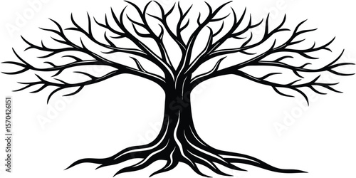 Graceful Black Tree Silhouette With Flowing Roots Vector Illustration