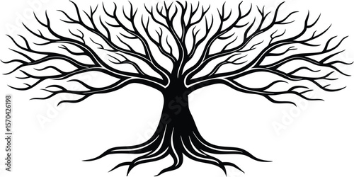 Graceful Black Tree Silhouette With Flowing Roots Vector Illustration