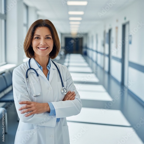 Female doctor in a white coat and stethoscope standing confidently in a bright, modern hospital hallway. This scene is perfect for health brochures, hospital websites, or professional medical branding