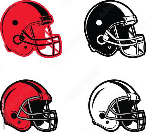 Four American football helmets red black white and variations