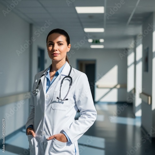 Female doctor in a white coat and stethoscope standing confidently in a bright, modern hospital hallway. This scene is perfect for health brochures, hospital websites, or professional medical branding