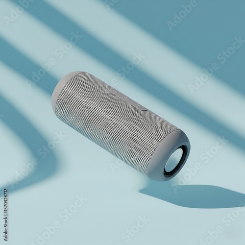 Mockup of a wireless speaker floating over a pastel background with dynamic shadows. Perfect for product showcases, e-commerce branding, and online store visuals.