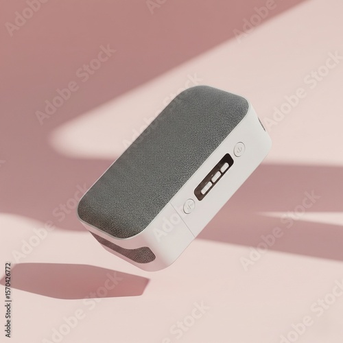 Mockup of a wireless speaker floating over a pastel background with dynamic shadows. Perfect for product showcases, e-commerce branding, and online store visuals.