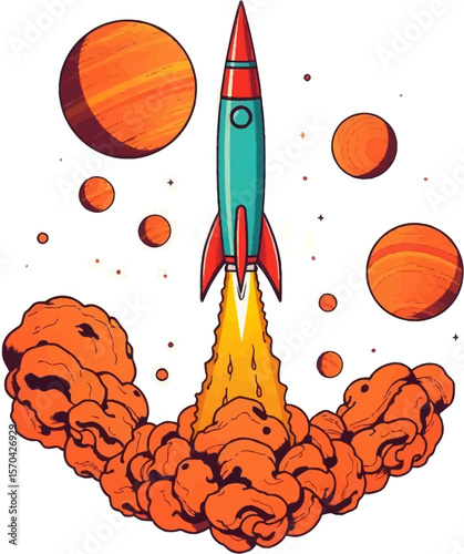 Space rocket of various designs flies in space - set of retro vector illustrations. Vintage spaceship launch to the other planet.