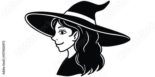 Silhouette Of Beautiful Witch Girl In Hat Vector