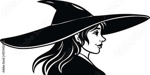 Silhouette Of Beautiful Witch Girl In Hat Vector