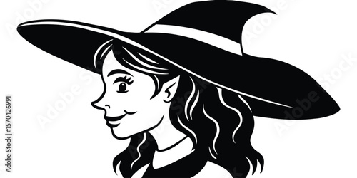 Silhouette Of Beautiful Witch Girl In Hat Vector