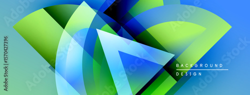 Abstract vibrant design features overlapping shapes, gradients. Blue, green hues dominate composition. Modern aesthetic, dynamic visual impact.