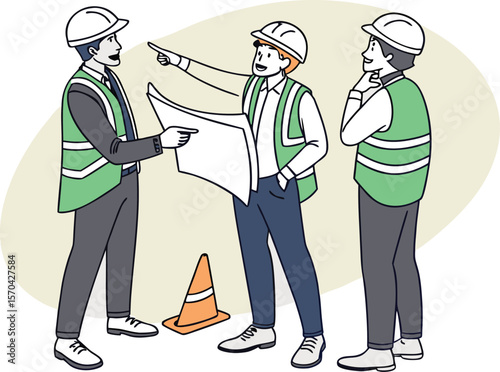 Construction workers discussing plans near traffic cone discussion blueprint