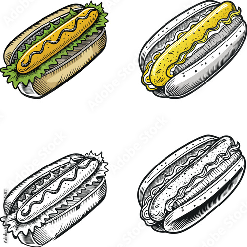 Hot dog illustrations in color and black and white variations showing different styles