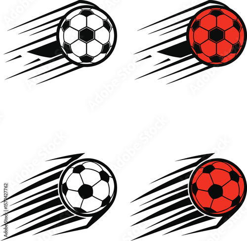 Soccer balls in motion dynamic design black and white red football speed