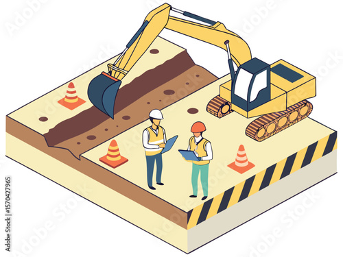 Construction workers inspect excavation site with excavator safety vests hard hats