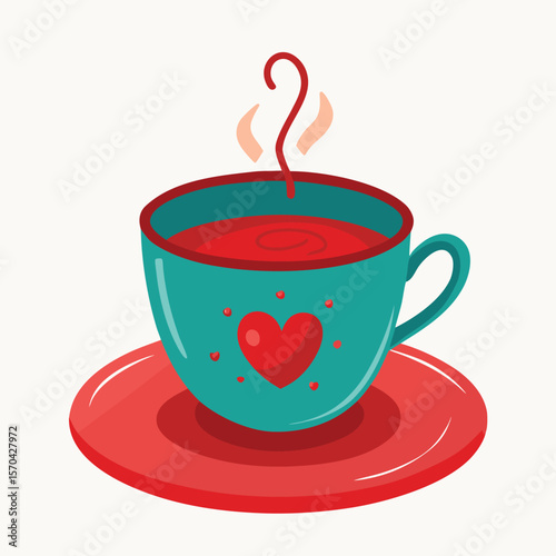 Teal cup with red liquid and heart design saucer
