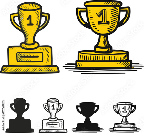 Hand drawn first place trophy illustrations in yellow black and white