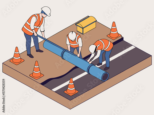 Construction workers installing large blue pipe on road installation