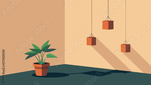 Vector illustration of a modern house interior with plants, furniture, and green decor