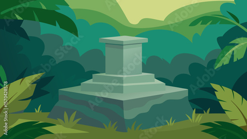 Mysterious Stone Pedestal in Lush Jungle A Digital Illustration