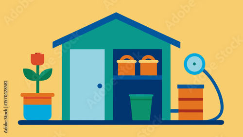 Charming house with vibrant flowers, birds, and an inviting garden, perfect as a cozy home illustration or architectural design icon
