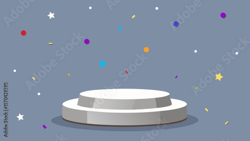 White and blue balloons adorn a New Year's background, featuring a 3D podium and round award symbols for an empty design