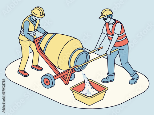 Construction workers mixing cement with portable mixer cement mixer concrete