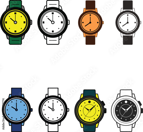 Eight wristwatches in different colors and styles displayed vector illustration 