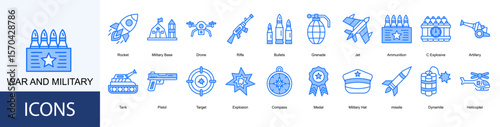 War and Military icon collection set. Containing Rocket, Military Base, Drone, Rifle, Bullets, Grenade, Jet, Ammunition icon