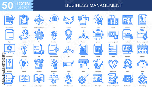 Business Management icon collection set. Containing Signing Contract, Assessment, Change Management, mind, Handshake, Social Media, expert icon