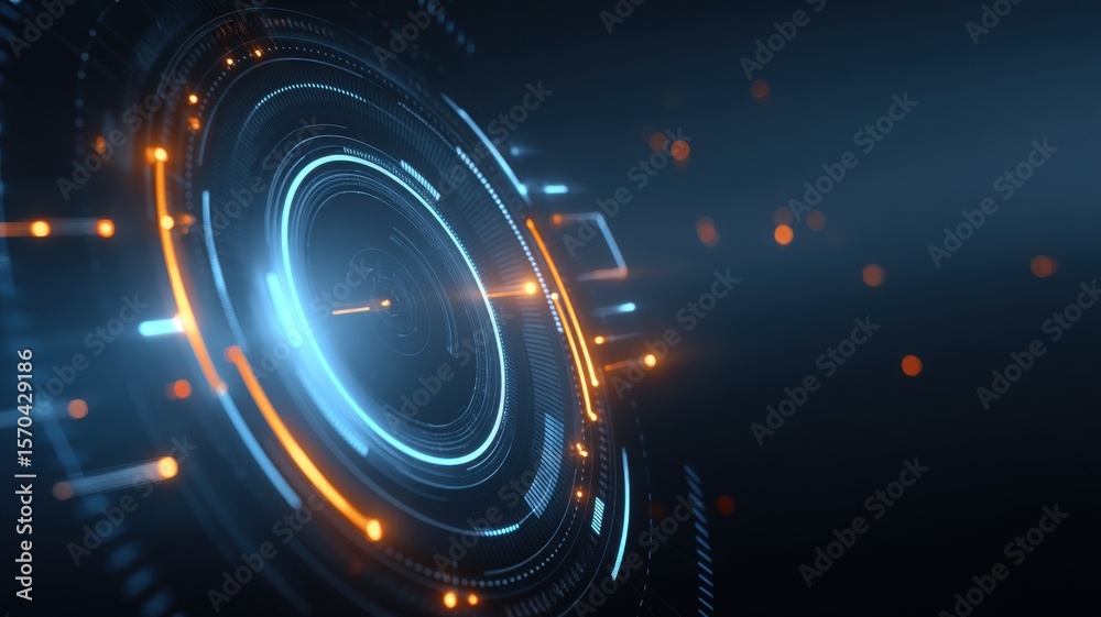 Obraz premium Futuristic quantum model. Futuristic circular design with glowing elements and dark background.