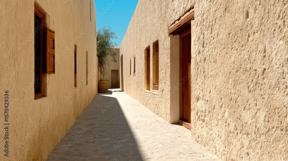 Obraz premium Serene sunlit alley in a traditional adobe village