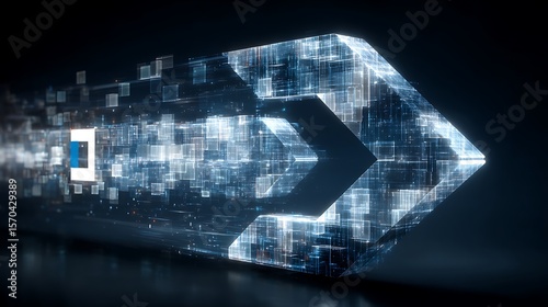 Digital Arrow: The image showcases a stylized digital arrow, constructed from a luminous matrix of interconnected data points, streaking dynamically across a dark background.