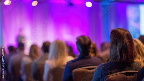 Audience watches presentation on stage with purple lighting