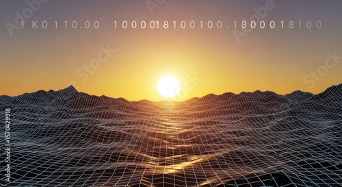 Digital sunrise over a futuristic data landscape