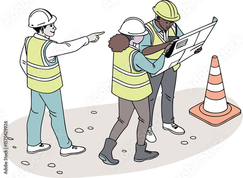 Construction workers reviewing blueprints near traffic cone safety vests
